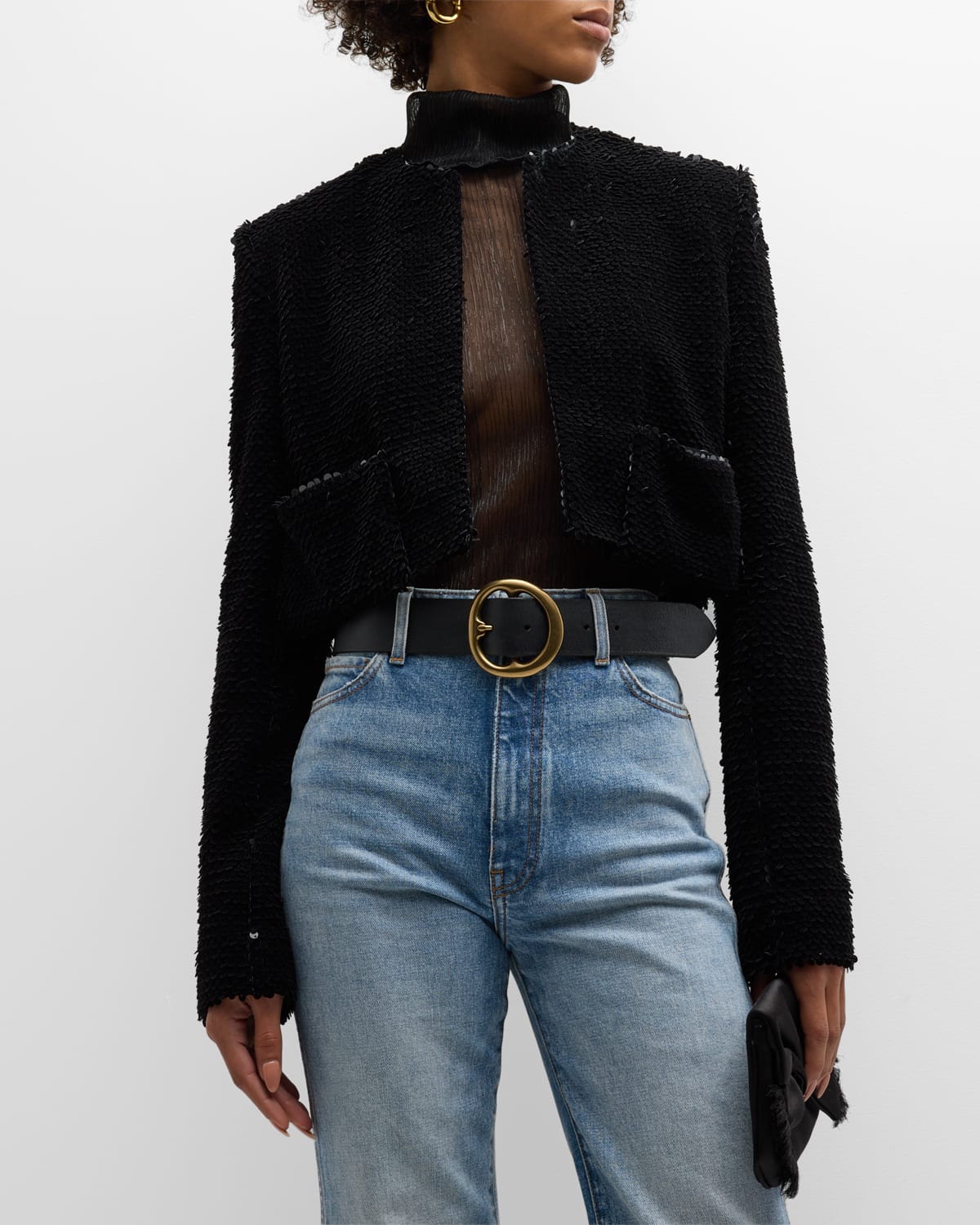 Recto Open Front Velvet-sequin Crop Jacket In Black