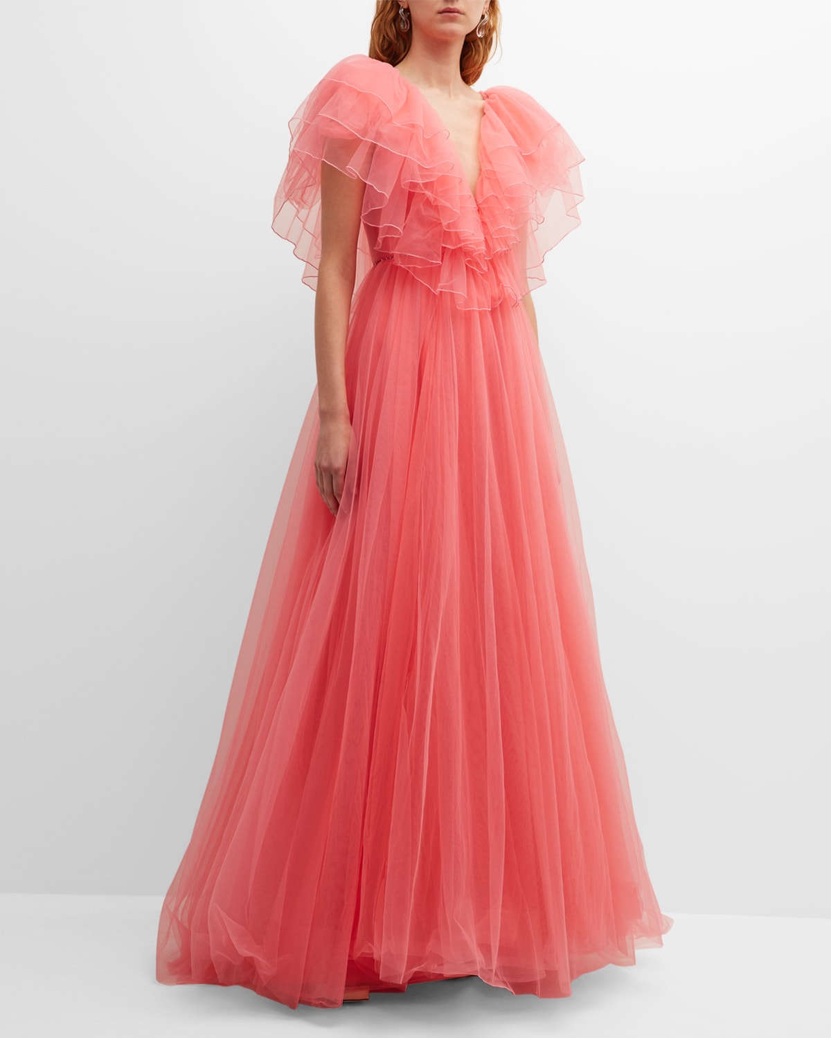 Shop Jenny Packham Ibis Embellished Tiered Ruffle Plunging Gown In Bubbldegum Pink
