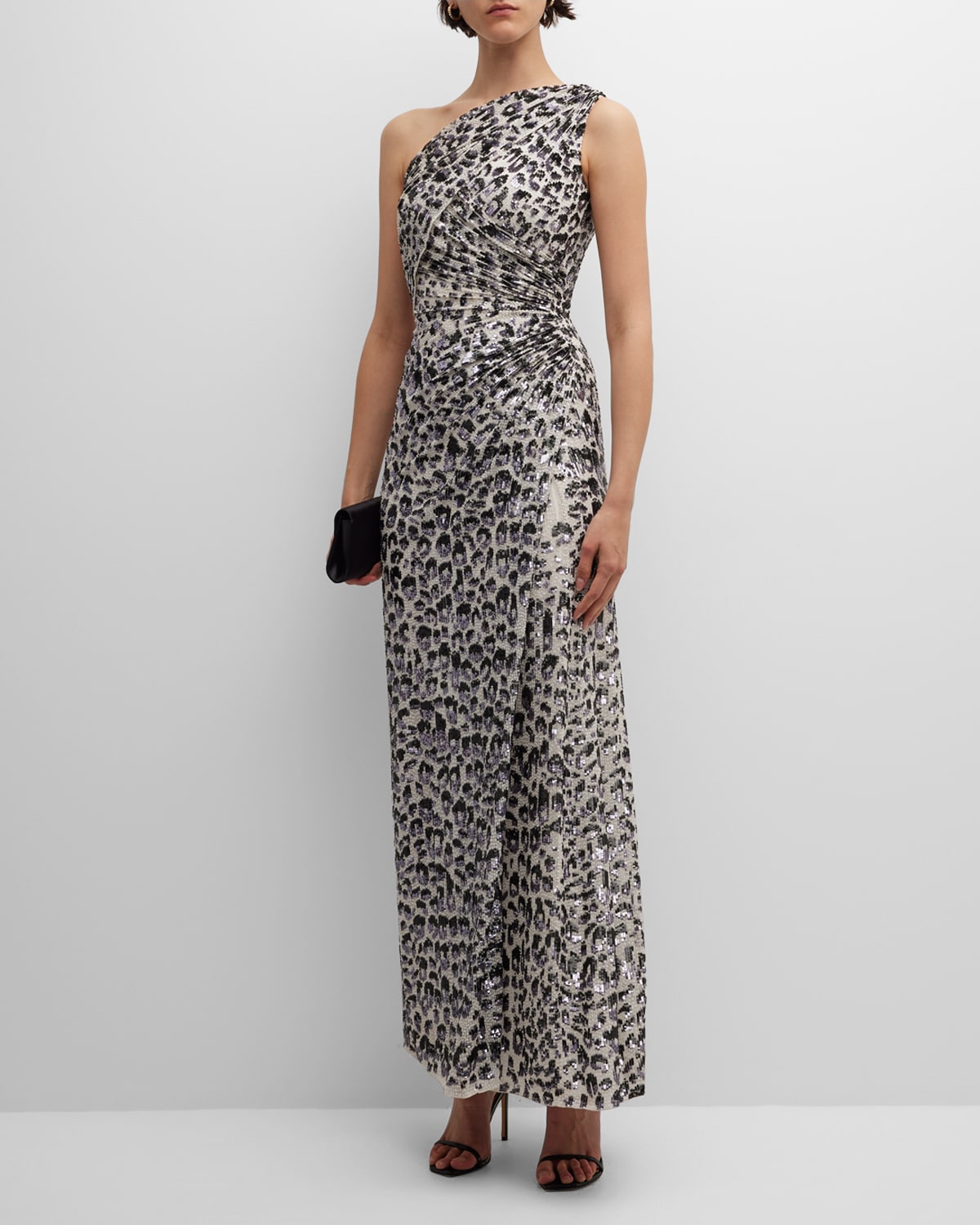 Jenny Packham Mara Leopard Sequin One-shoulder Gown In Ivory 001 Black