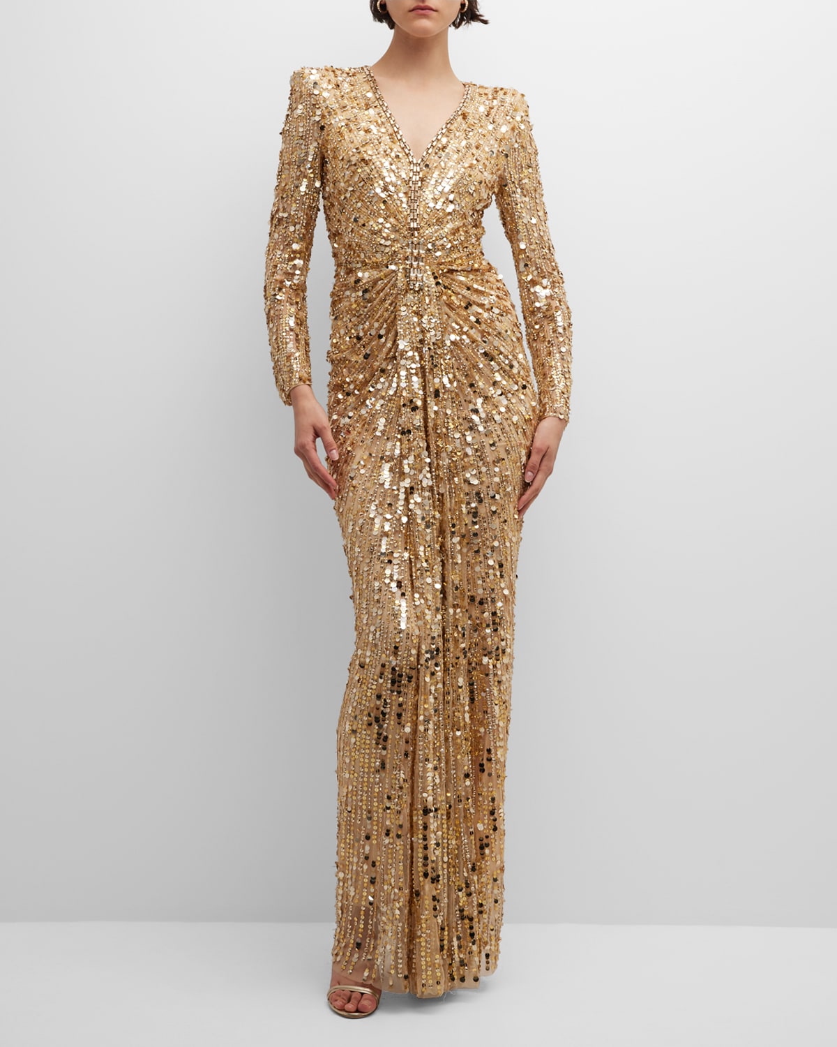 JENNY PACKHAM IMANI BEADED PLUNGING STRONG-SHOULDER GOWN
