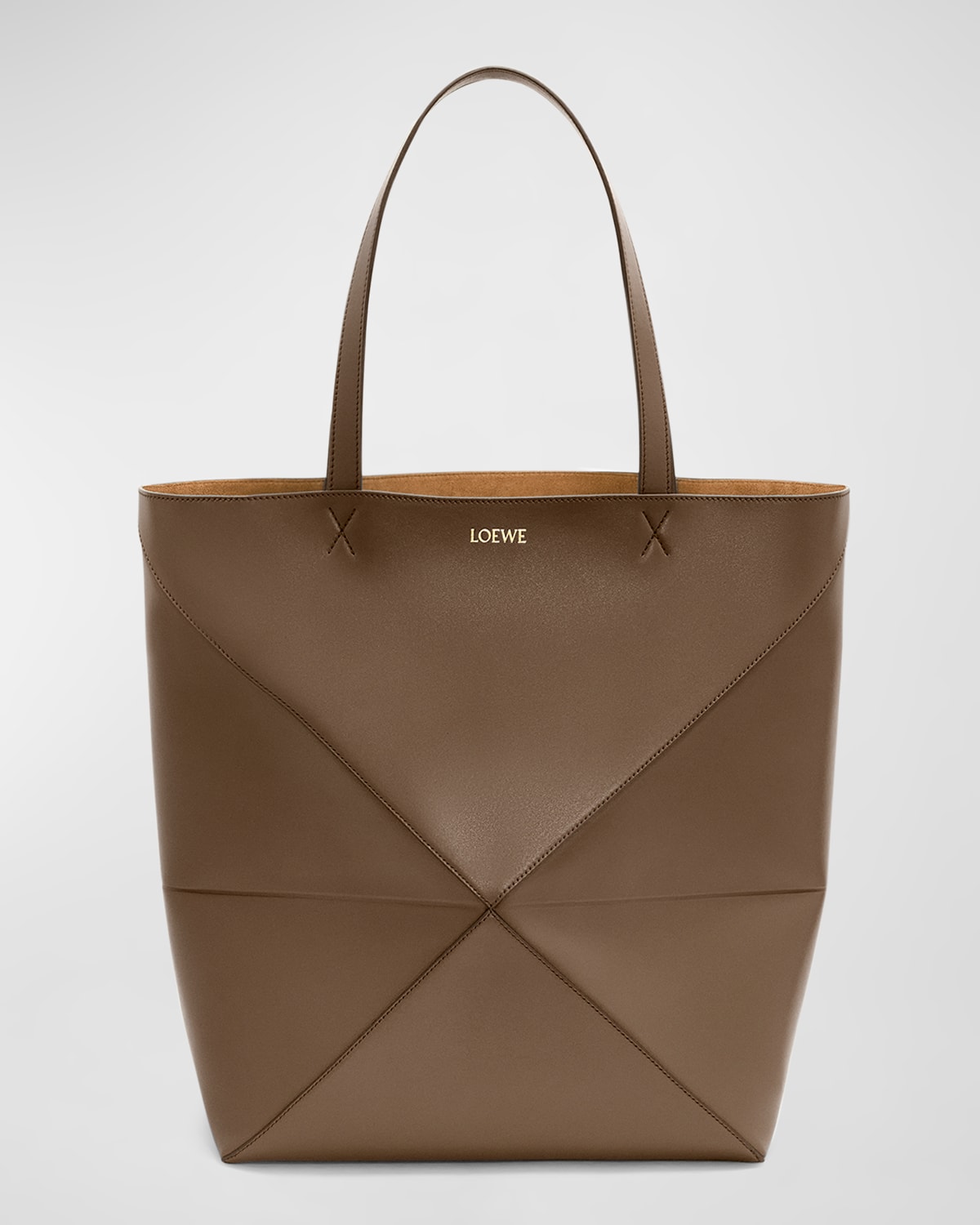 Loewe Puzzle Fold Large Tote Bag In Shiny Leather In Umber