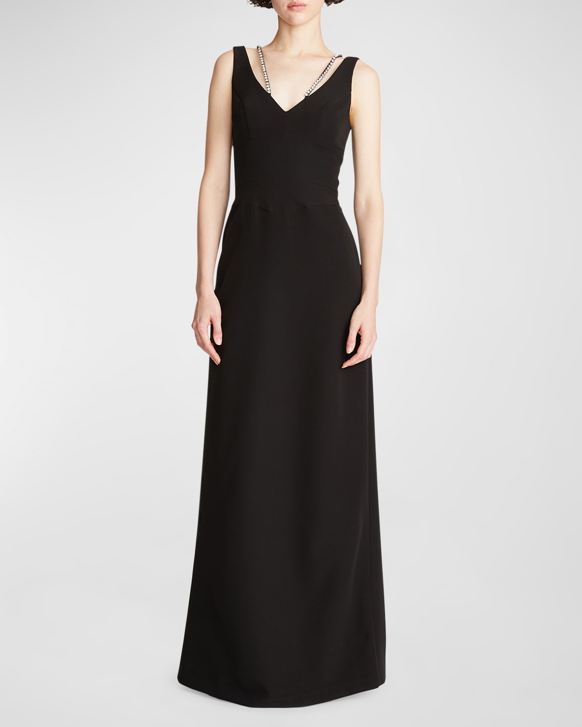 Halston Alivia Stretch Crepe Crystal-strap Gown In Black