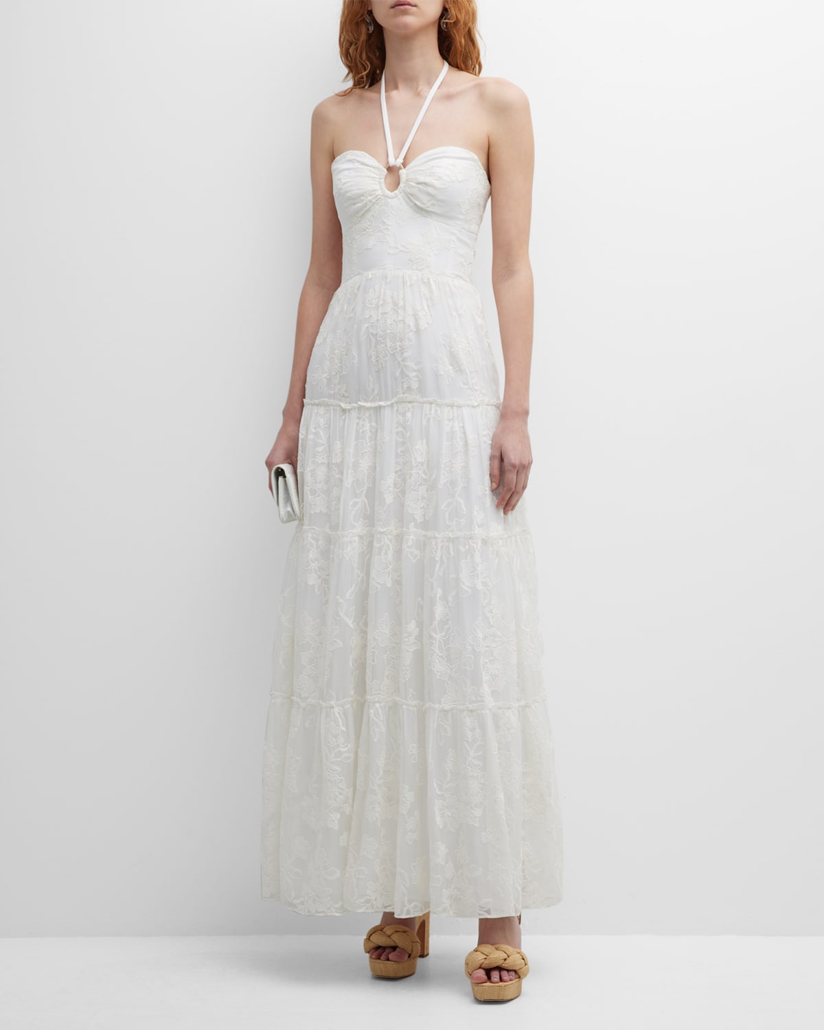 Dress The Population Carolyn Embroidered Tiered Halter Maxi Dress In White