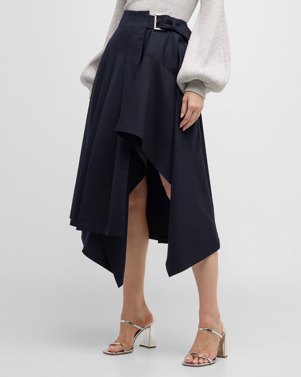 Shop A.l.c Wayland Belted Wool-blend Handkerchief Midi Skirt In Navy