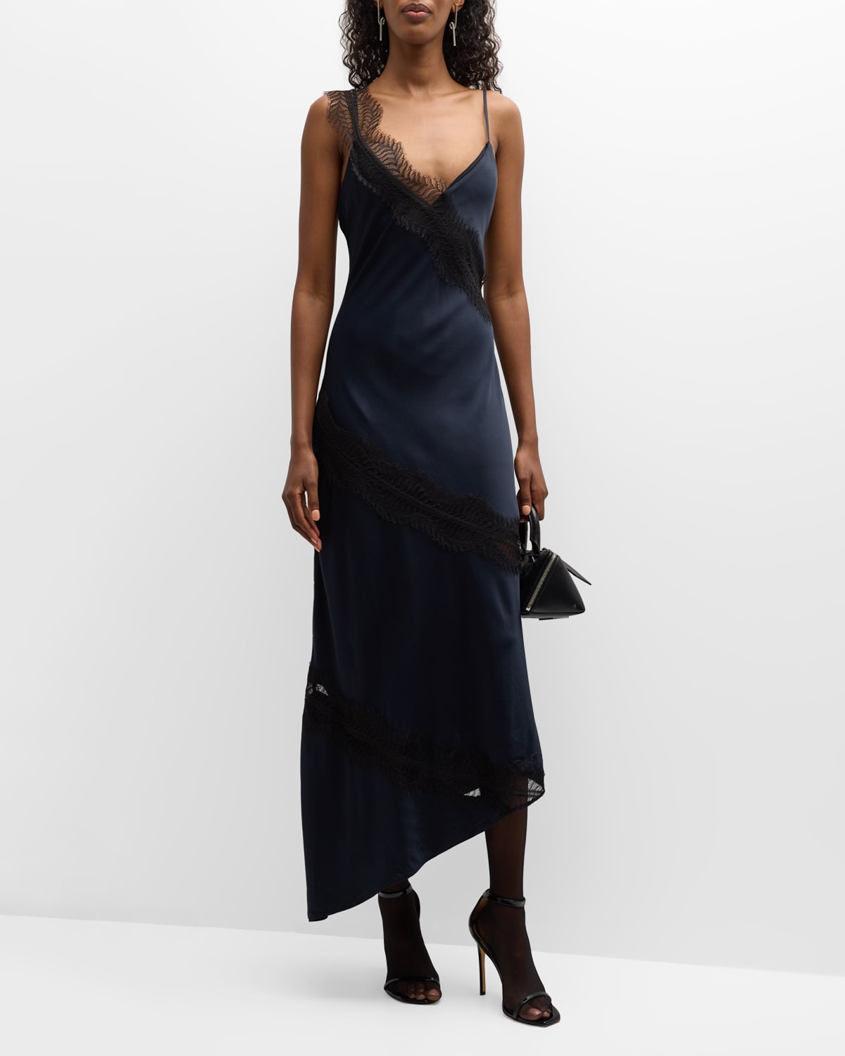 Shop A.l.c Soleil Satin Lace Asymmetric Maxi Dress In Dark Sapph