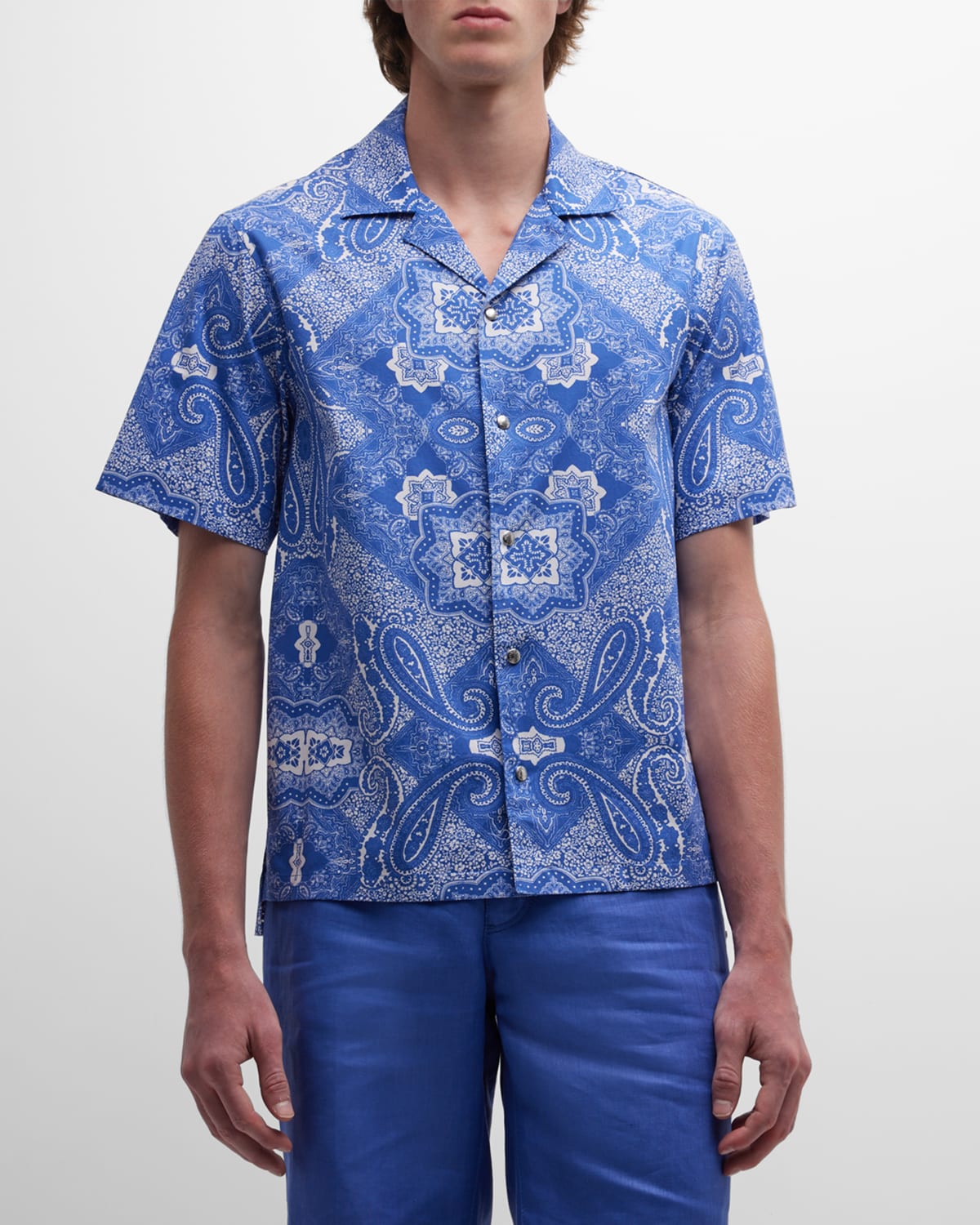 Moncler Paisley-print Short-sleeve Shirt In Dark Blue