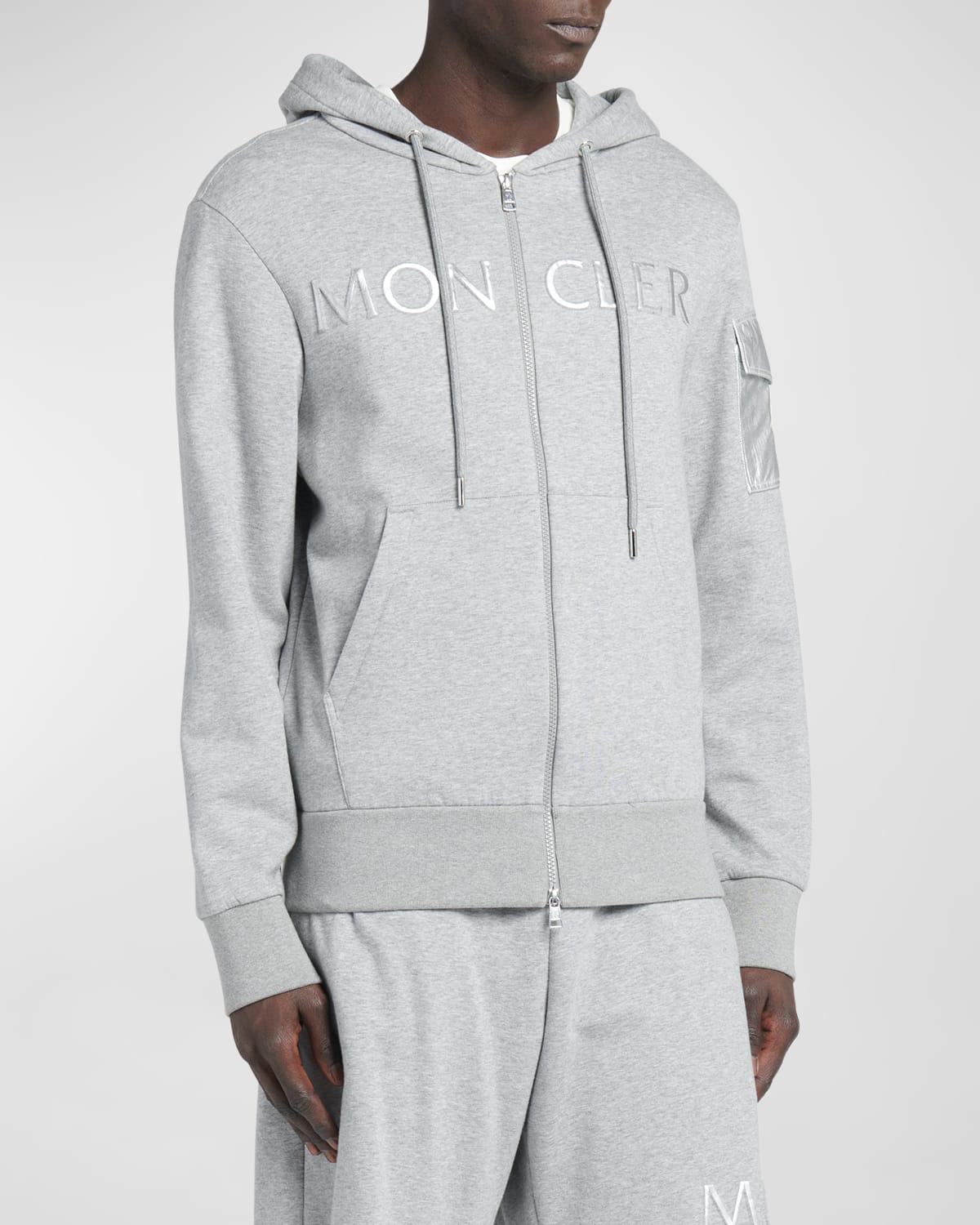 Shop Moncler Men's Cotton Terry Embroidered Logo Zip Hoodie In Light Grey