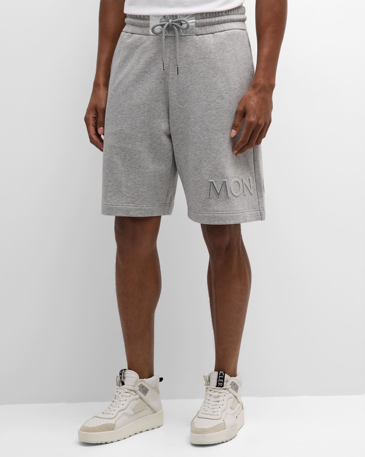 Shop Moncler Men's Cotton Terry Silver Logo Boxing Shorts In Light Grey