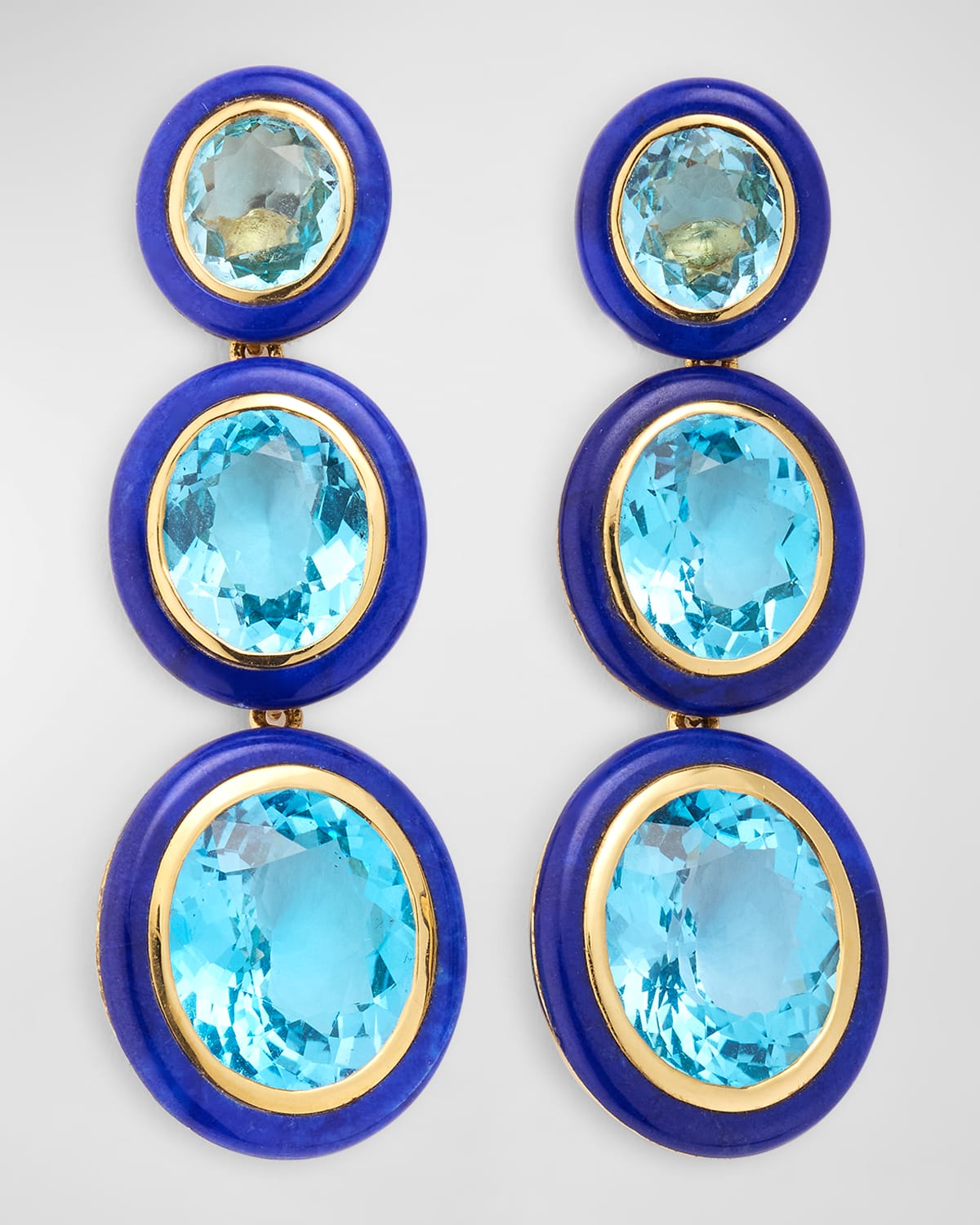 18K Yellow Gold Melange 3-Tier Blue Topaz and Lapis Lazuli Earrings