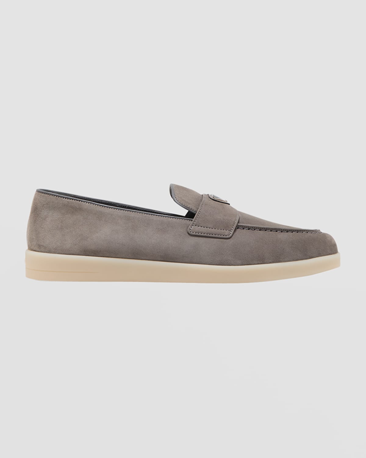 Prada Wildleder-loafer Mit Emailliertem Triangel-logo In Light Grey