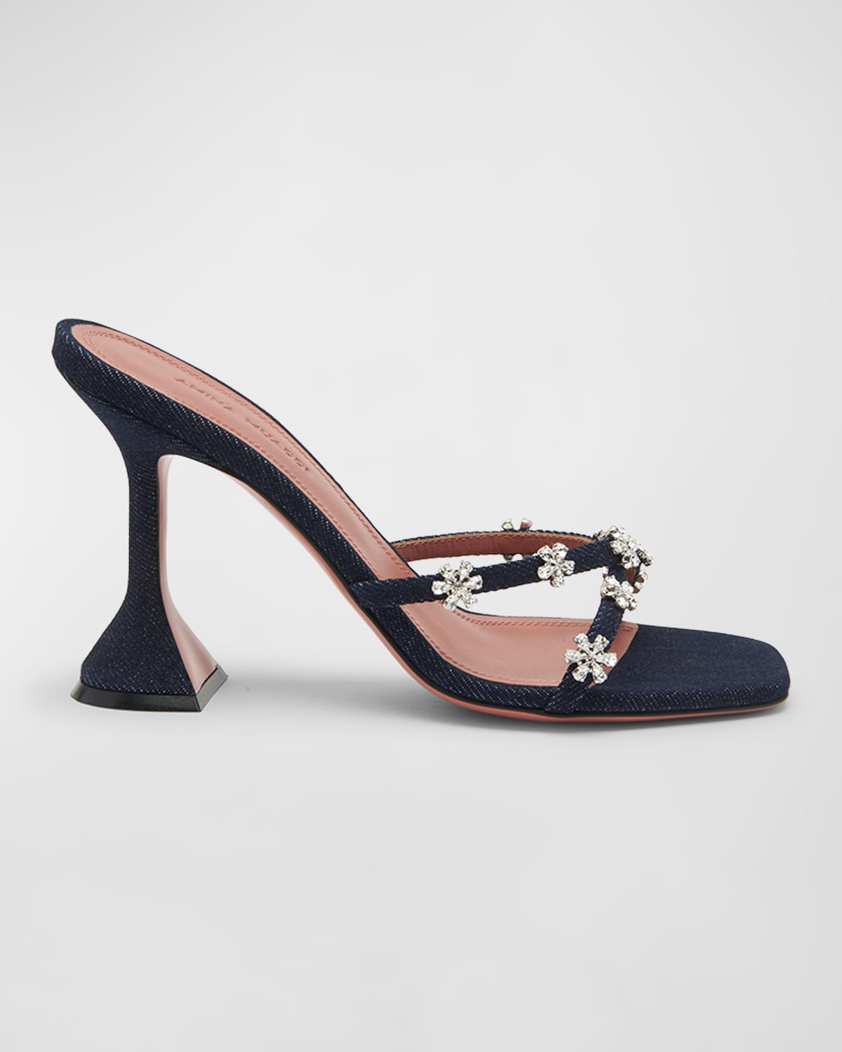 Shop Amina Muaddi Lily Denim Crisscross Slide Sandals In Denim Dark Blue