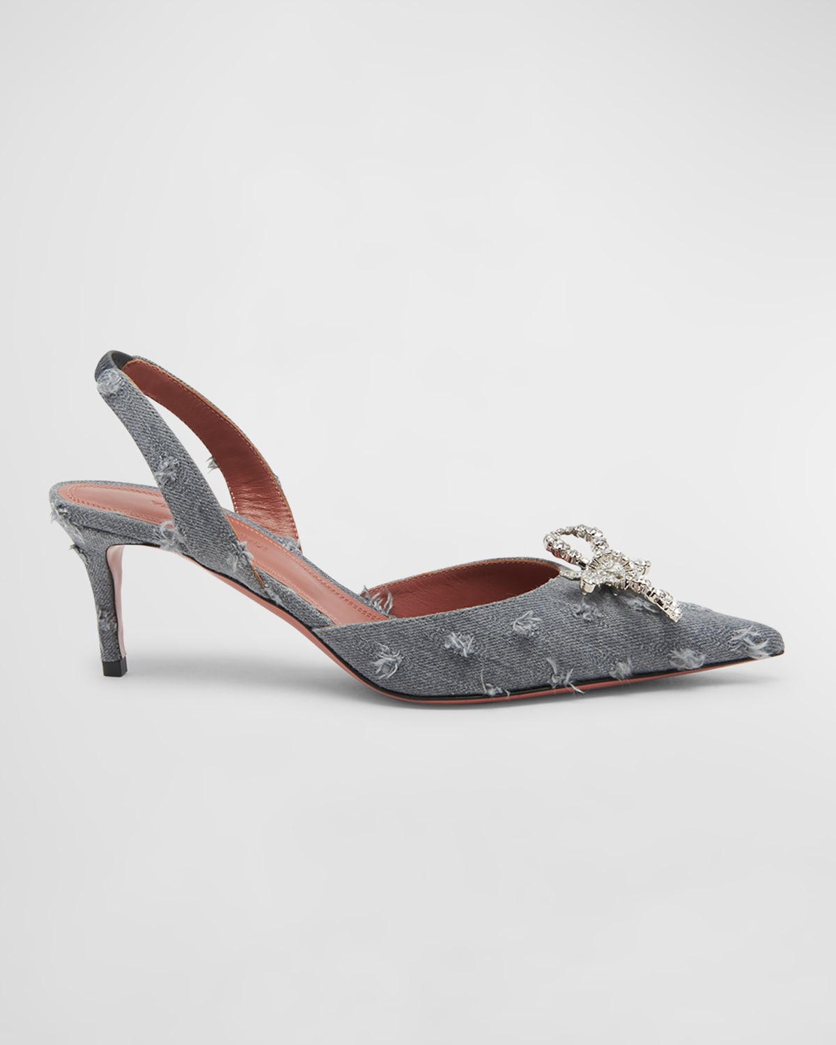 Shop Amina Muaddi Rosie Denim Crystal Bow Halter Pumps In Denim Grey