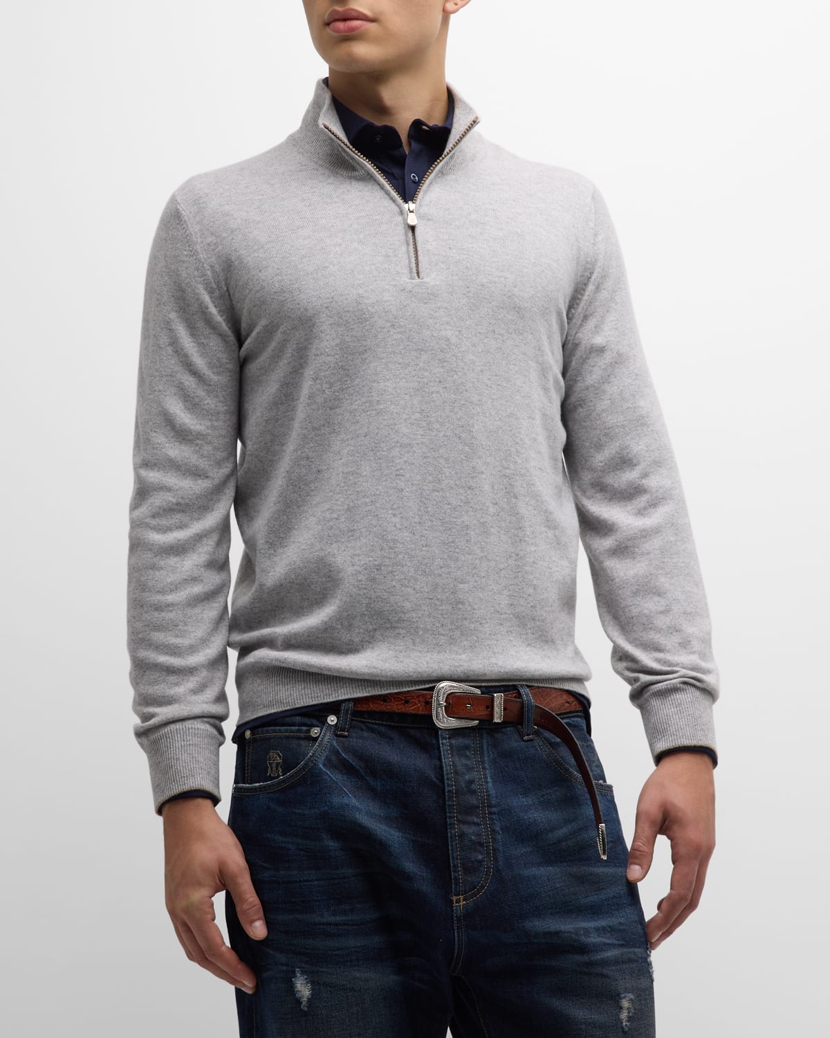 Brunello Cucinelli Men's Cashmere Quarter-zip Sweater In Grey