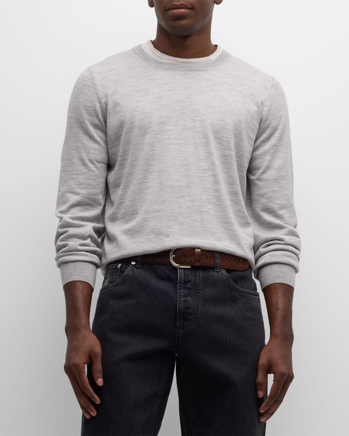 Brunello Cucinelli Men's Wool-cashmere Crewneck Sweater In Light Grey