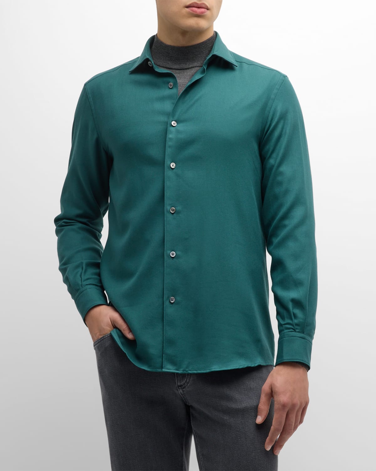 Zegna Men's Cashco Cashmere-cotton Sport Shirt In Dark Green Solid