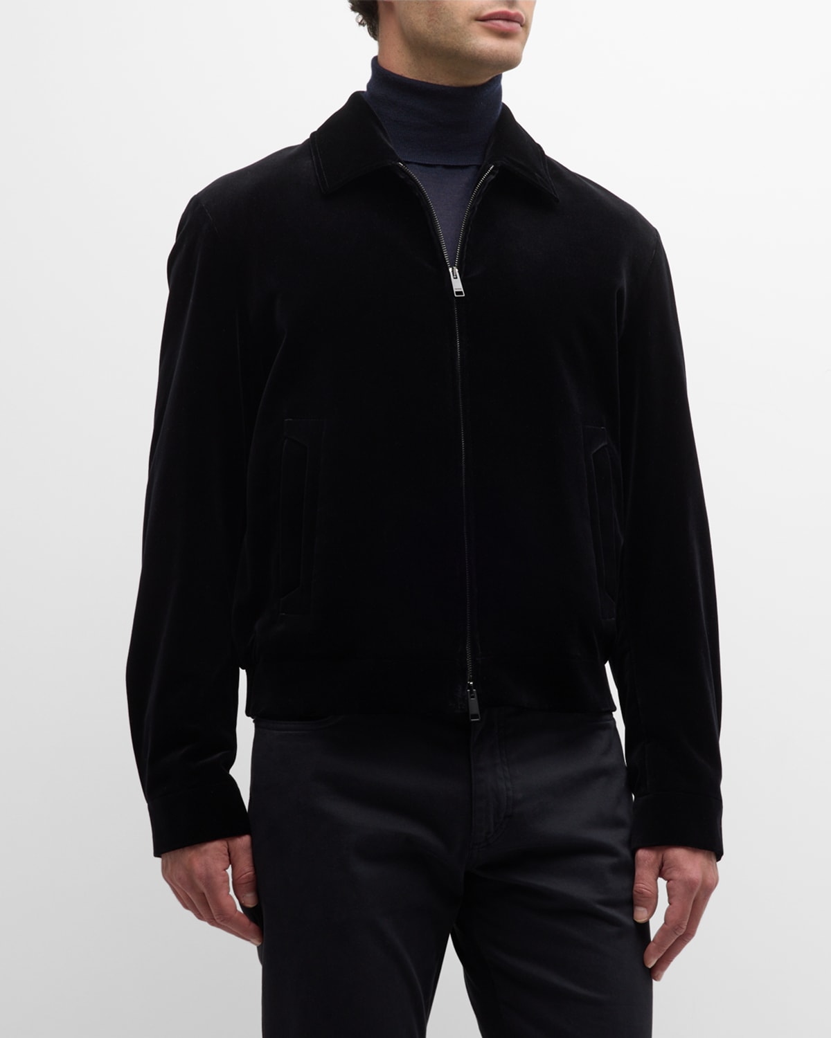 Zegna Men's Velvet Full-zip Bomber Jacket In Black Solid