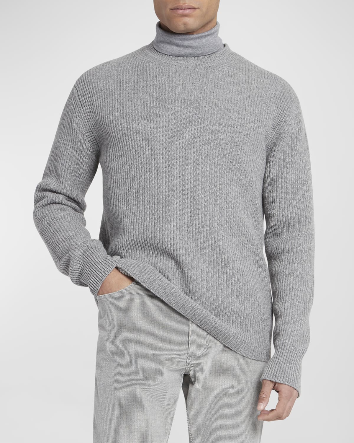 Shop Zegna Men's Cashmere Rib Crewneck Sweater In Medium Gray Solid