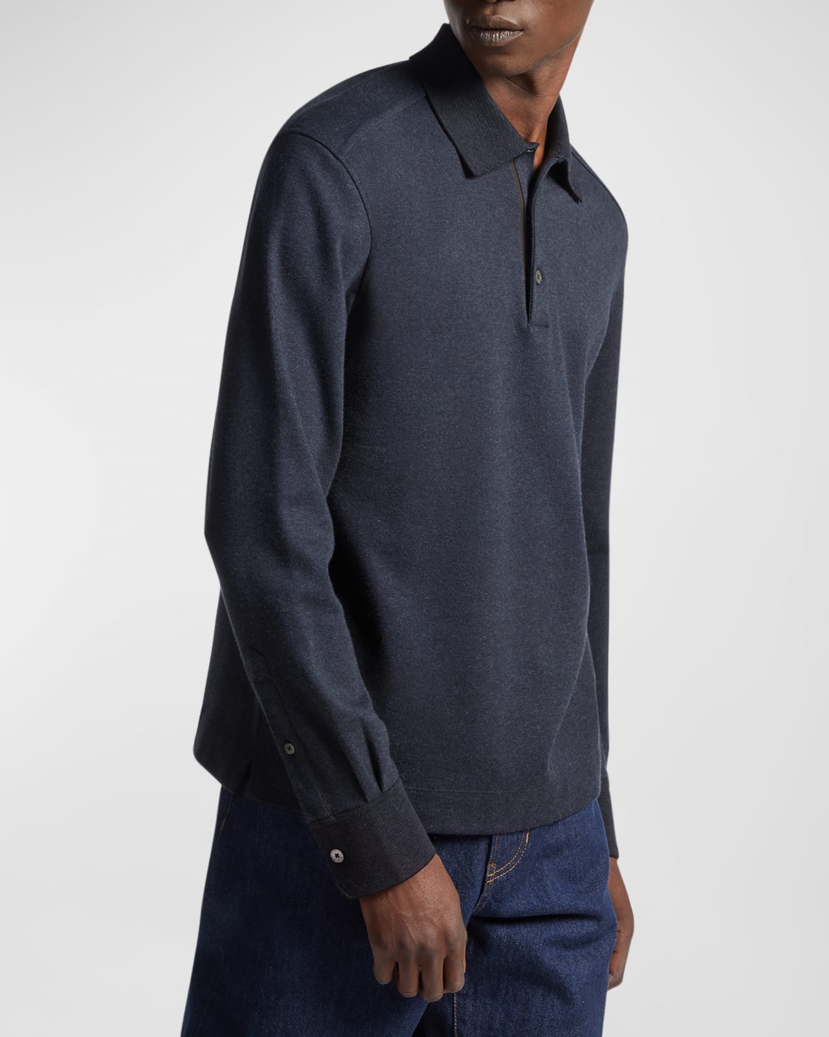 Shop Zegna Men's Long-sleeve Polo Shirt In Navy Solid