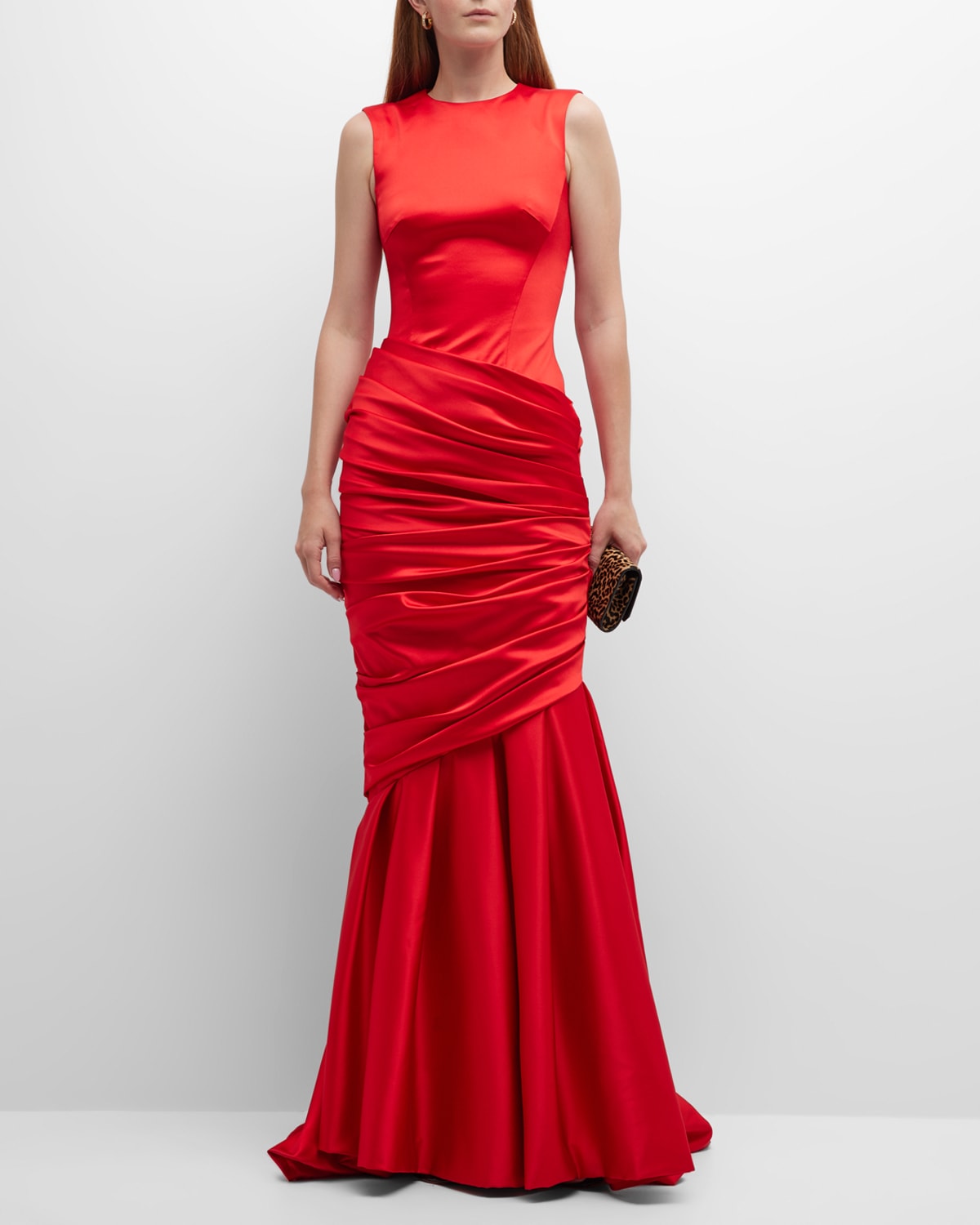 Shop Rasario Sleeveless Draped Satin Mermaid Gown With Train In Red