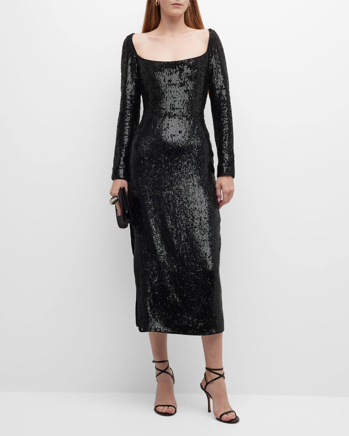Rasario Sequin Long-sleeve Side-slit Midi Dress In Black