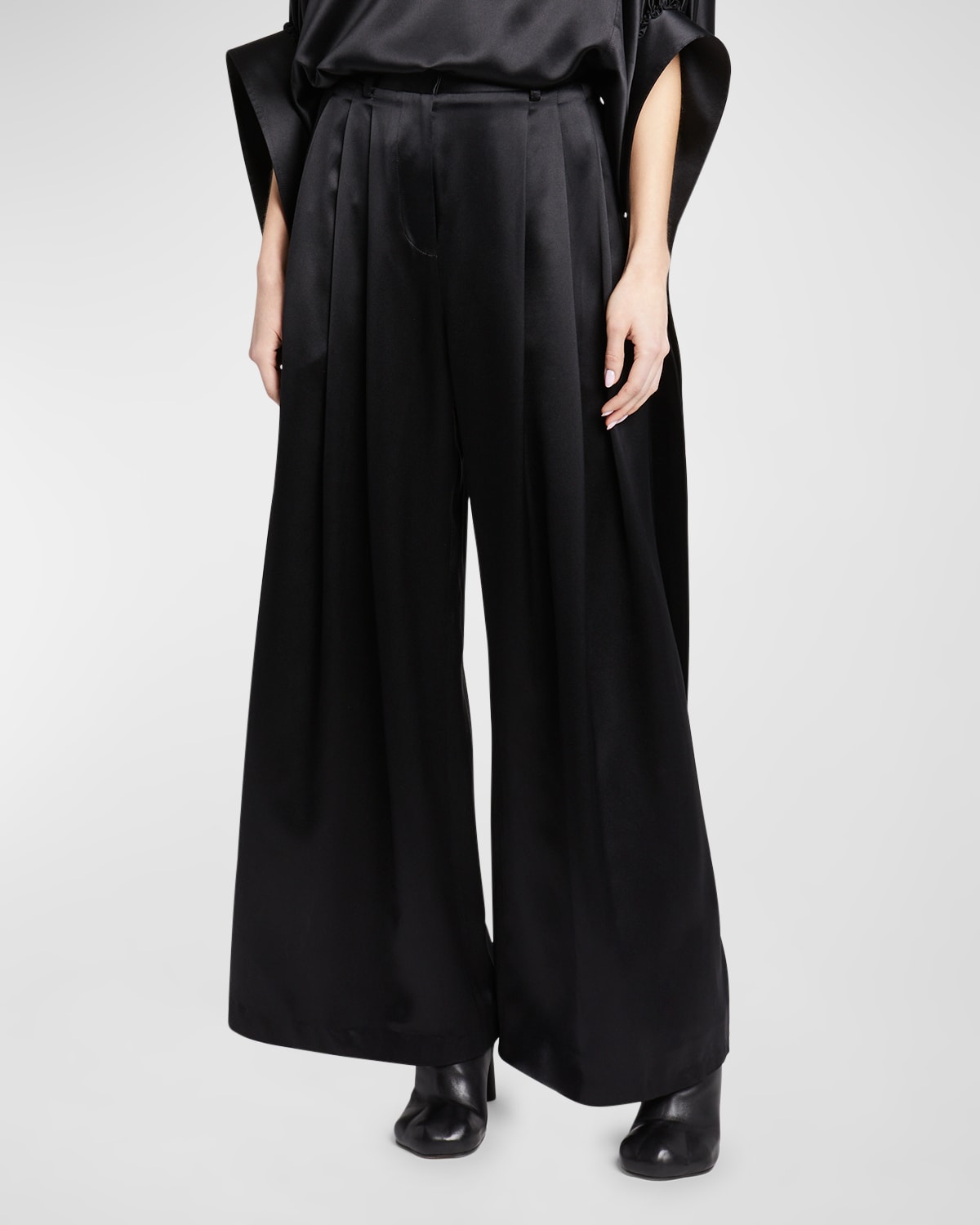 Shop Jw Anderson Double-pleated Wide-leg Satin Trousers In Black