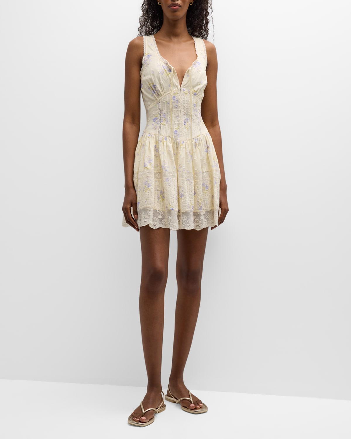 LOVESHACKFANCY CERONNE SLEEVELESS EMBROIDERED FLORAL LACE MINI DRESS