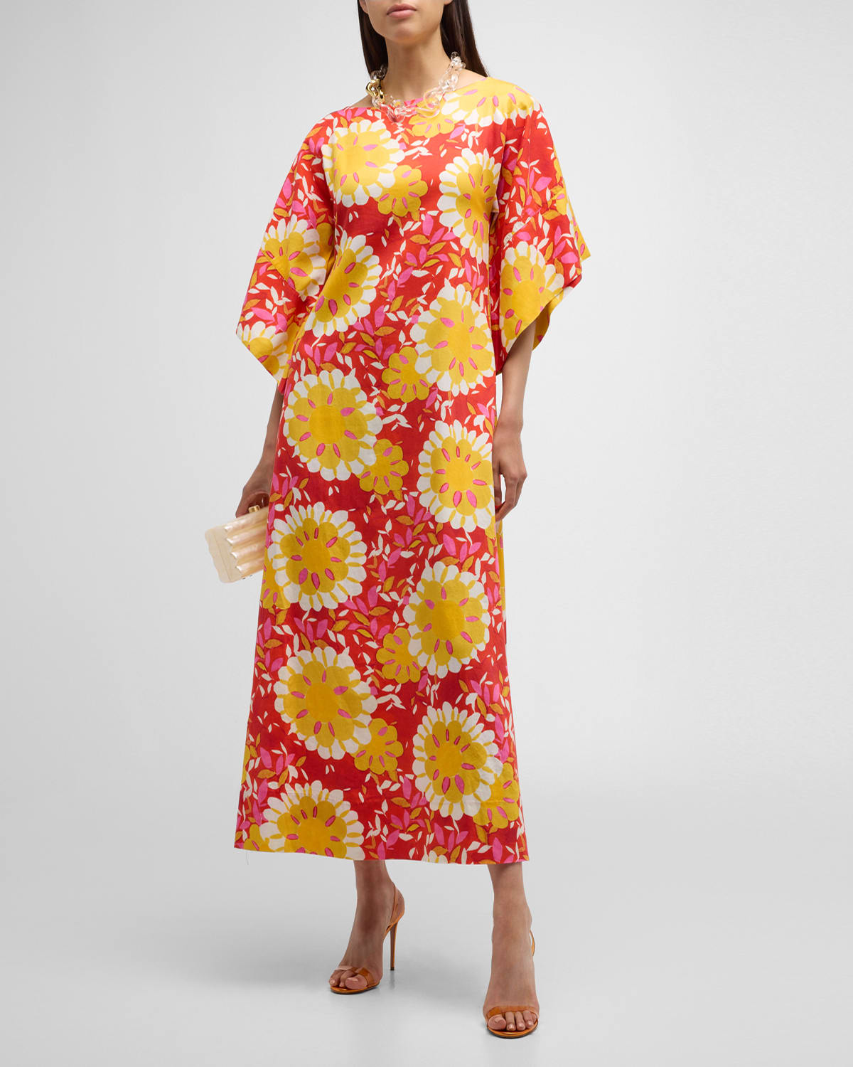 Frances Valentine Spinnaker Kimono-sleeve Floral-print Maxi Dress In Coral Multi