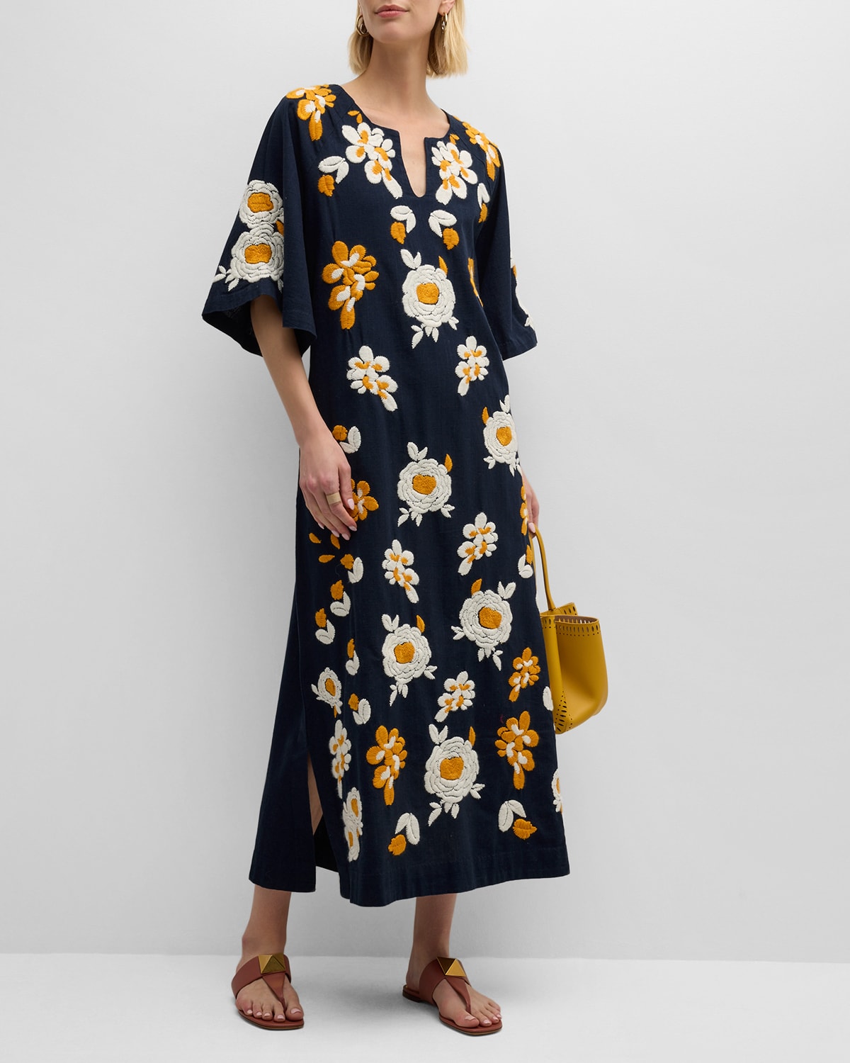 FRANCES VALENTINE DREAMY FLORAL-EMBROIDERED ELBOW-SLEEVE DRESS