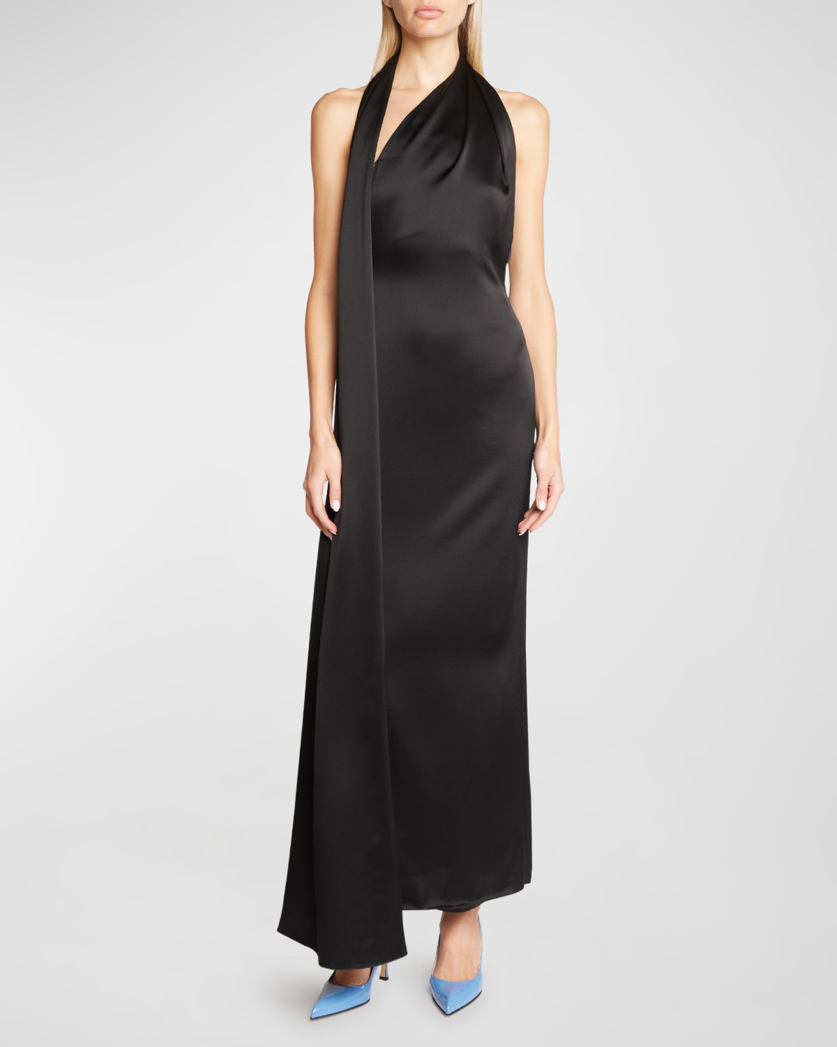 Loewe One-shoulder Satin Dress With Scarf Detail In Black