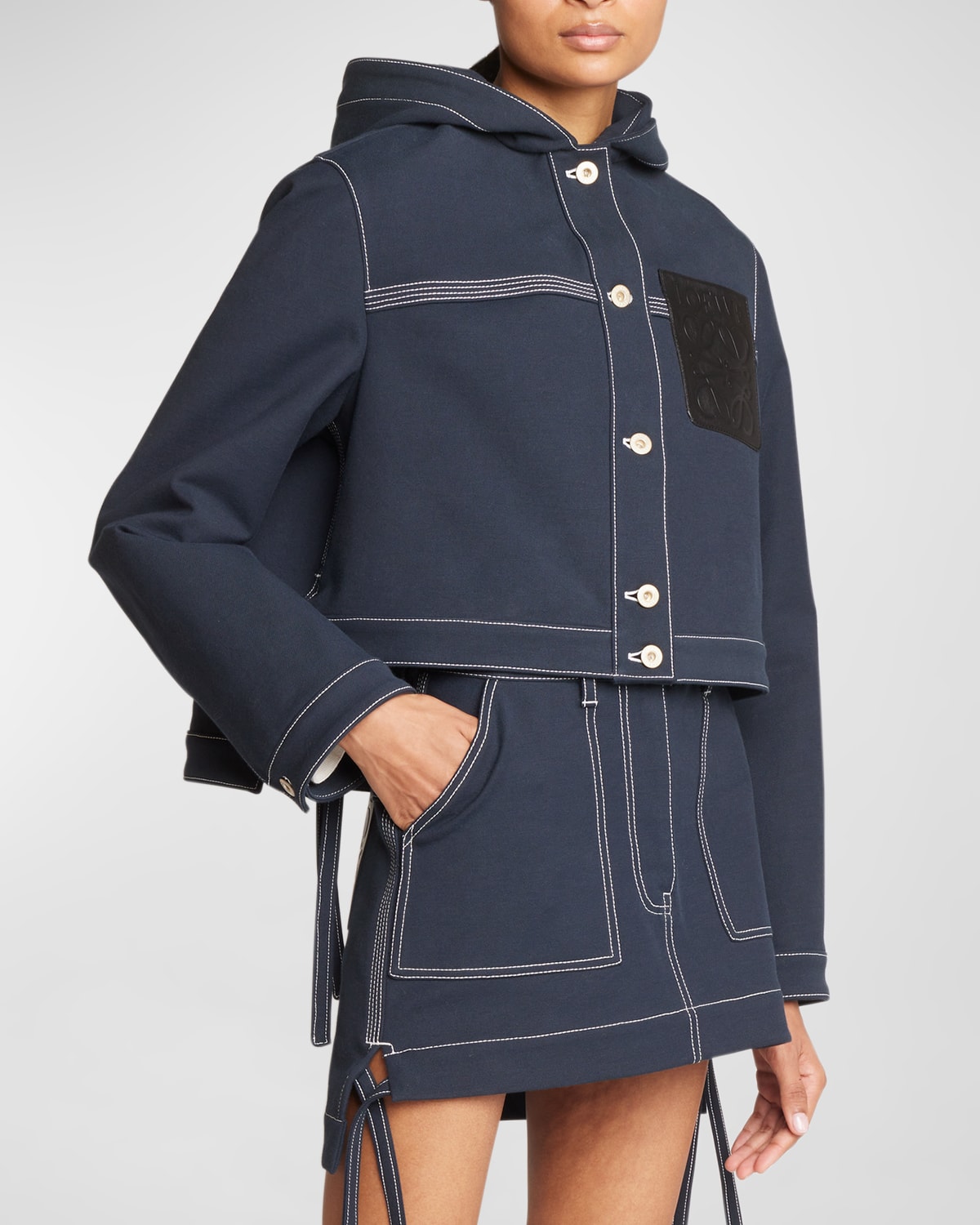 Loewe Leather-pocket Crop Hooded Workwear Jacket In Blue
