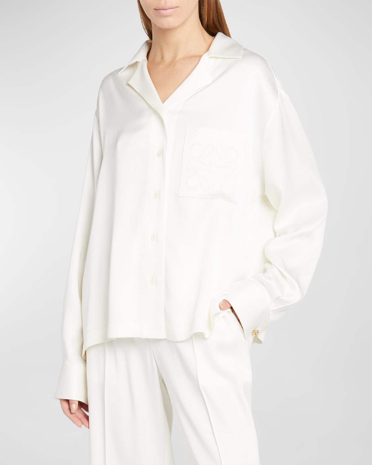 Shop Loewe Anagram Silk Button-front Pajama Blouse In Ivory