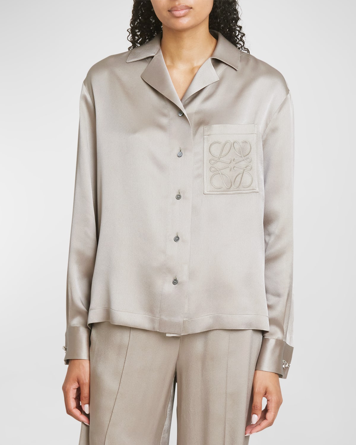 Shop Loewe Anagram Silk Button-front Pajama Blouse In Laurel Gre