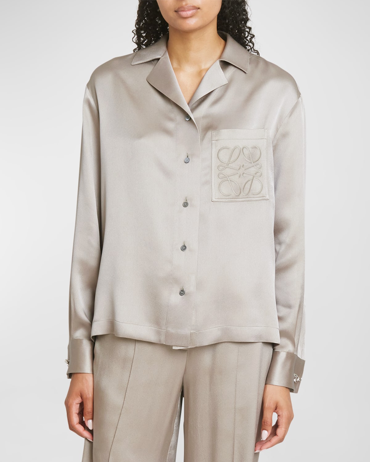 Loewe Anagram Silk Button-front Pajama Blouse In Laurel Gre