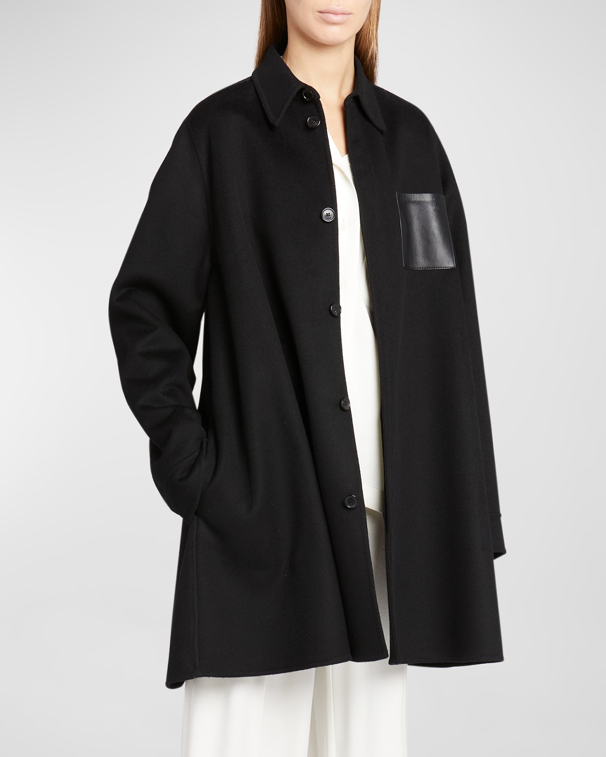 Loewe Anagram Leather-pocket Wool Trapeze Coat In Black