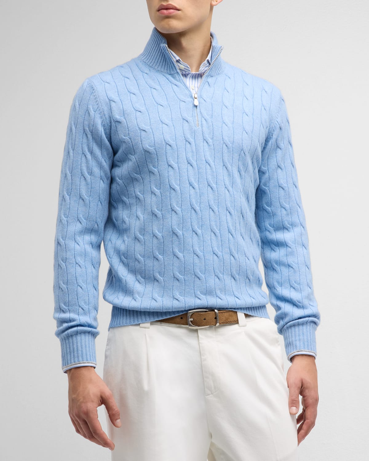 Brunello Cucinelli Men's Cable-knit Quarter Zip Sweater In Light Blue