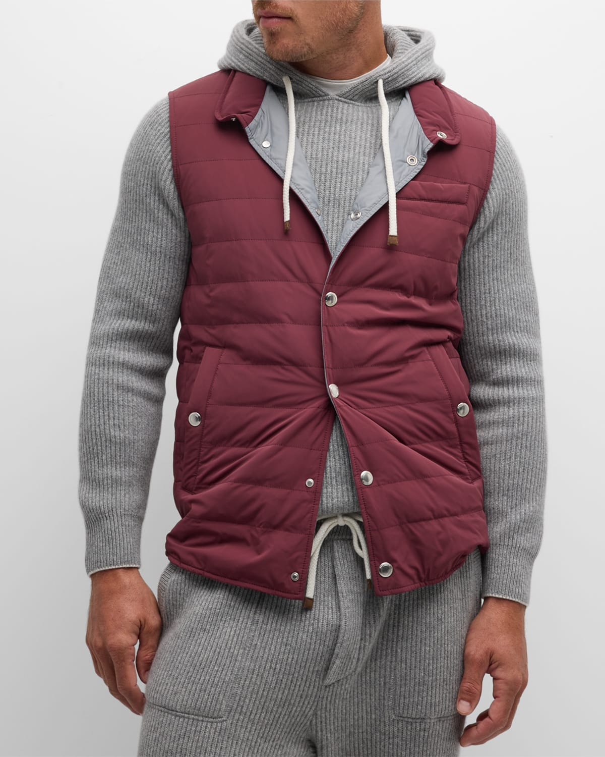 Brunello Cucinelli Men's Quilted Down Zip-front Vest In Red Wine