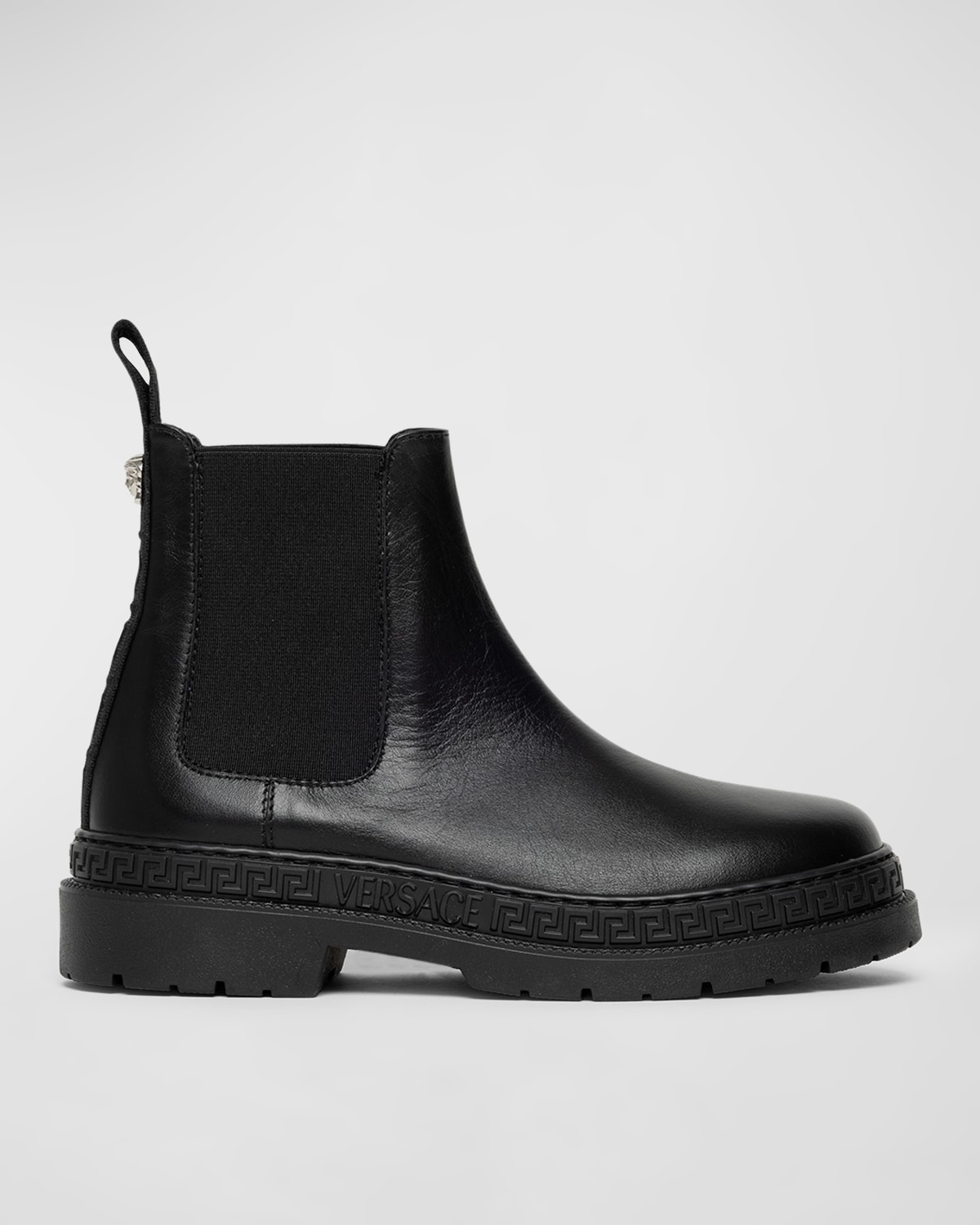 Shop Versace Girl's Greca Calf Leather Chelsea Boots, Kids In Black-palladium