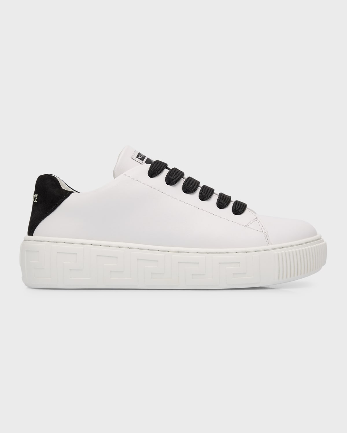 Versace Kid's Greca Calf Leather Low-top Trainers, Kids In Whiteblack