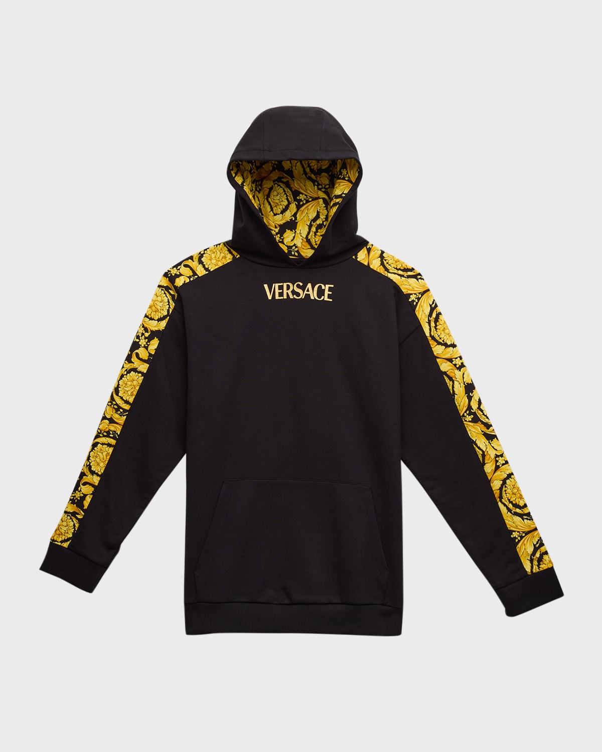 Shop Versace Boy's Barocco-trim Logo-print Hoodie In Blackgold