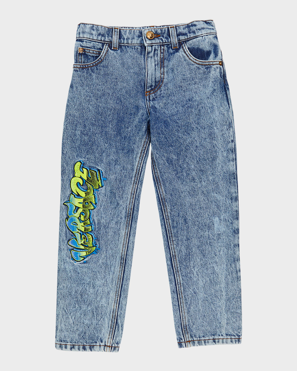 Versace Kids' Boy's Graffiti Logo-print Jeans In Medium Bluelight