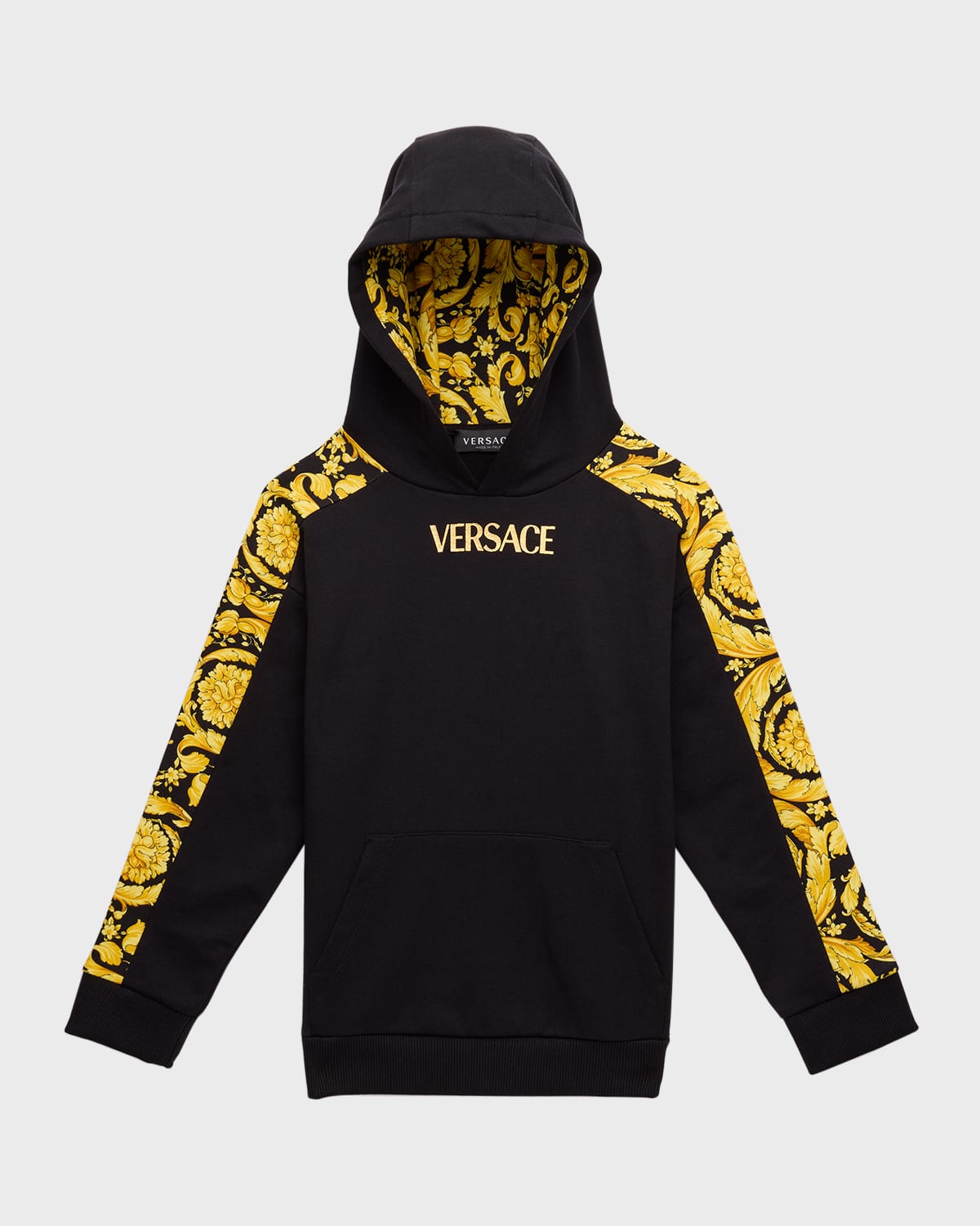 Versace Kids' Boy's Barocco-trim Logo-print Hoodie In Blackgold