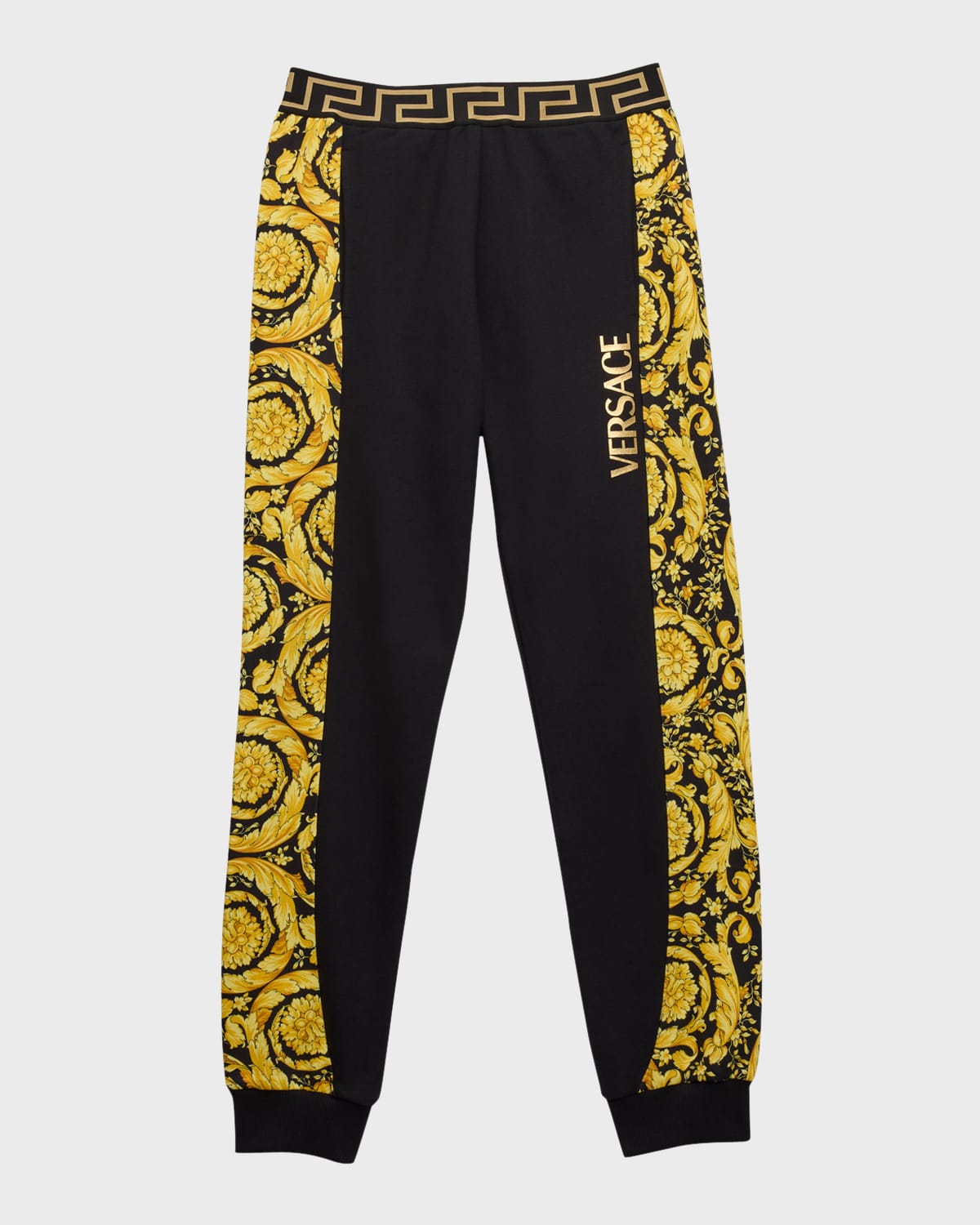 Shop Versace Boy's Logo-print Barocco Trim Sweat Pants In Blackgold