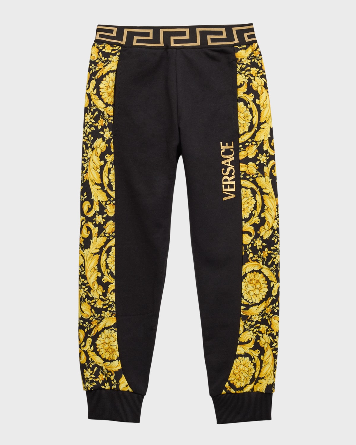 Versace Kids' Boy's Logo-print Barocco Trim Sweat Pants In Black/gold