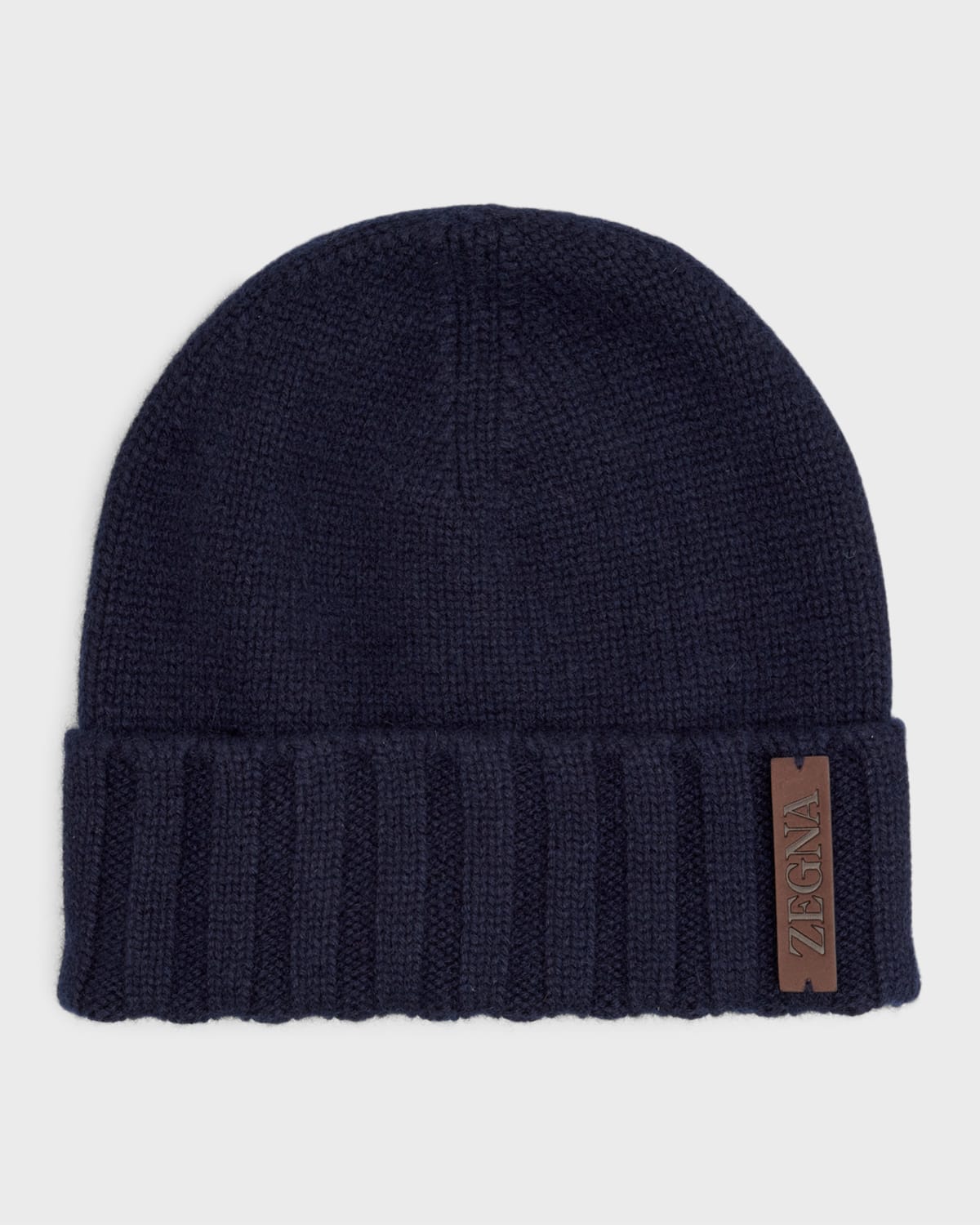 Zegna Men's Leather-logo Cashmere Beanie Hat In Navy Solid