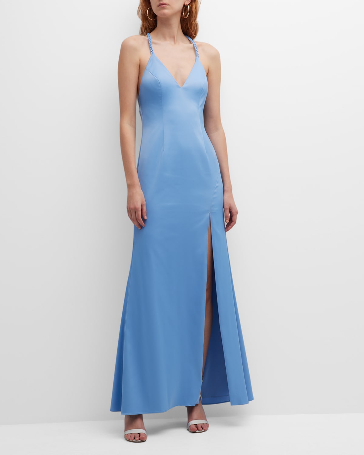 Liv Foster Sleeveless Braided Twist Satin Gown In Air Force