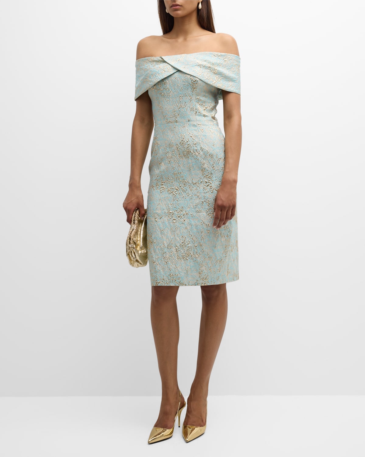 Rickie Freeman For Teri Jon One-shoulder Metallic Jacquard Midi Dress In  Aquagold | ModeSens