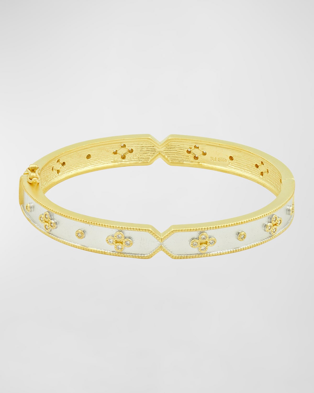 Freida Rothman Iconic Clover Hinge Bangle In White And Gold