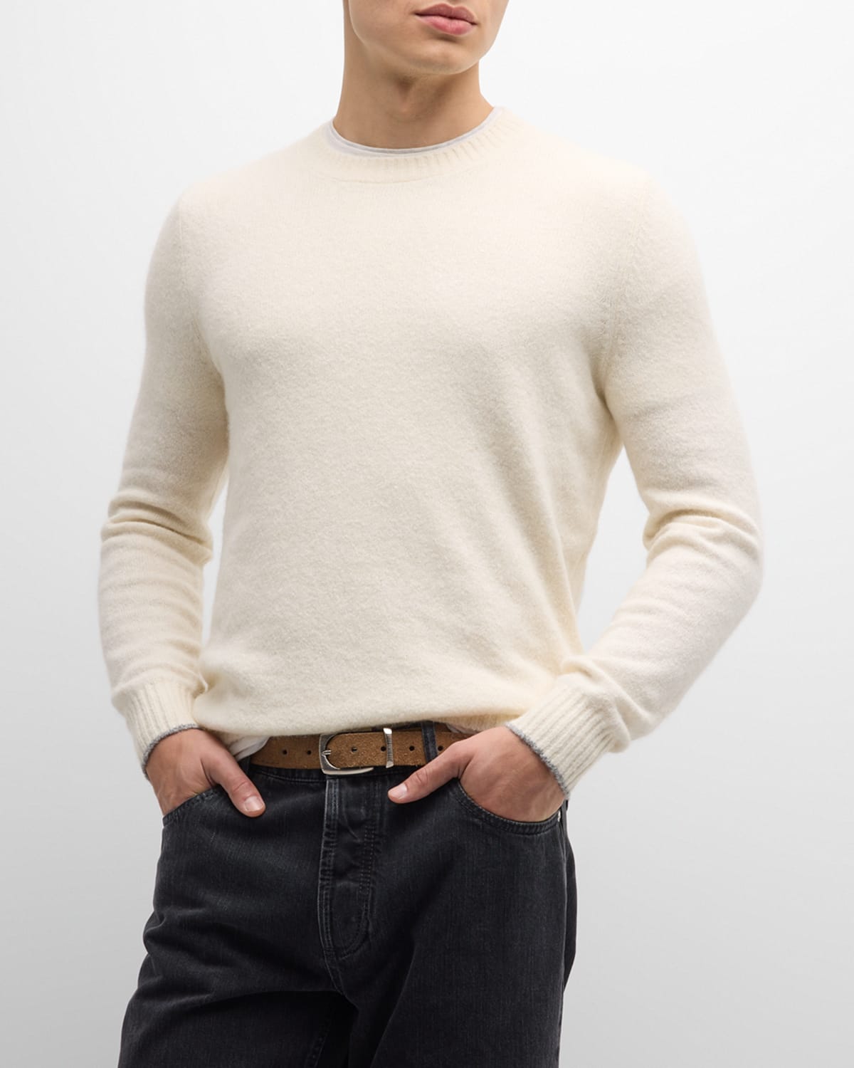 Brunello Cucinelli Men's Melange Crewneck Sweater In White