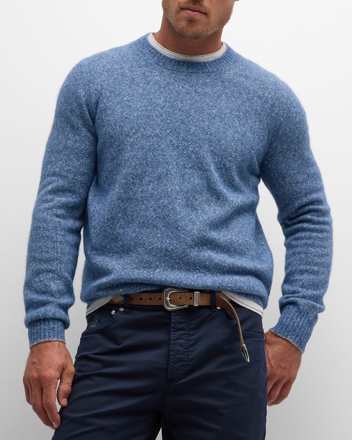 Brunello Cucinelli Men's Melange Crewneck Sweater In Light Blue