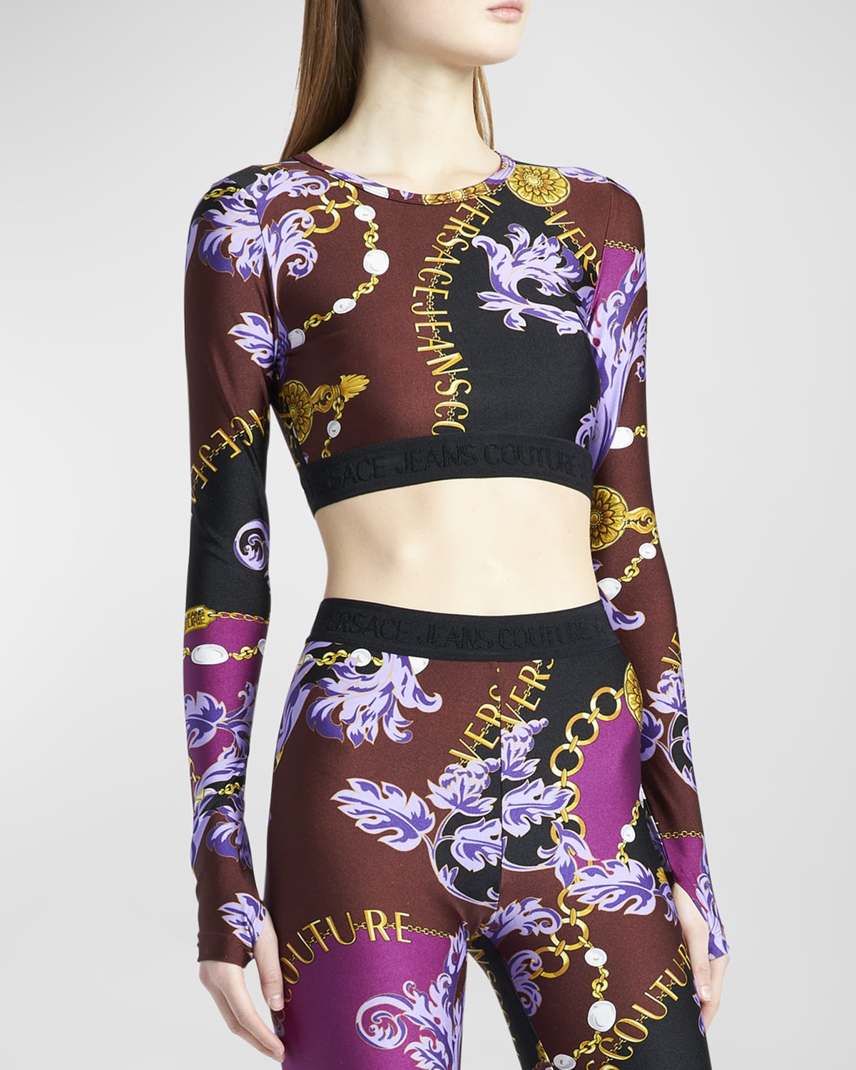 Versace Jeans Couture Chain Couture Long-sleeve Crop Top In Plum Crimson